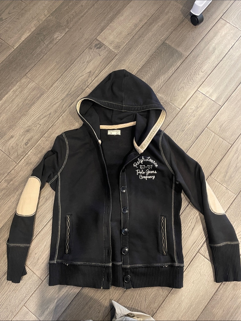 Ralph Lauren Black Hooded Shirt Jacket with Tan Elbow Patches